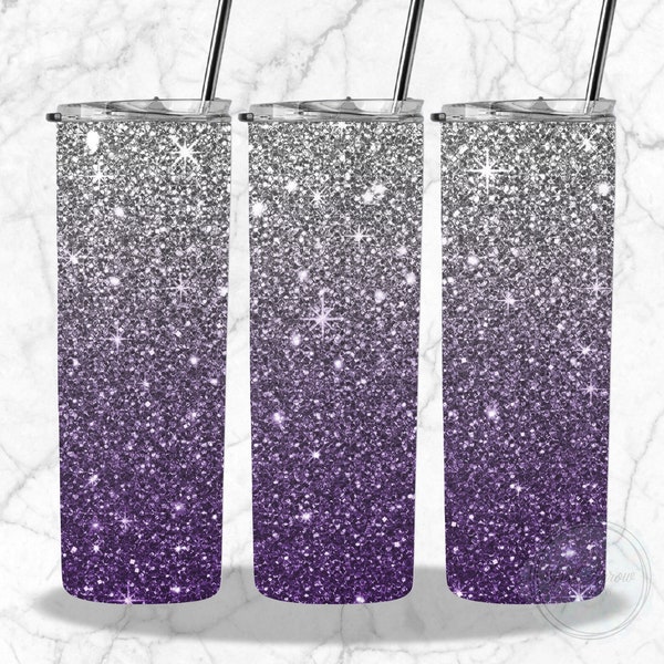Silver to Purple Ombre Glitter Full Tumbler Wrap, Skinny Tumbler, Straight Tumbler, 20 oz, Sublimation Design, PNG, Digital Download