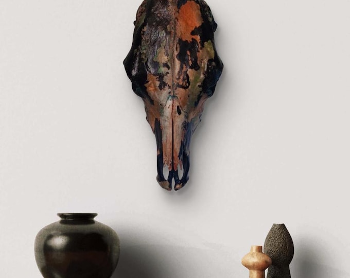 Authentic Real Bone Cow Skull Hand Abstract Painted - Modern Rustic Ranch Art Decor - Yellowstone Style Lodge Wall Hanging by Texas Artist
