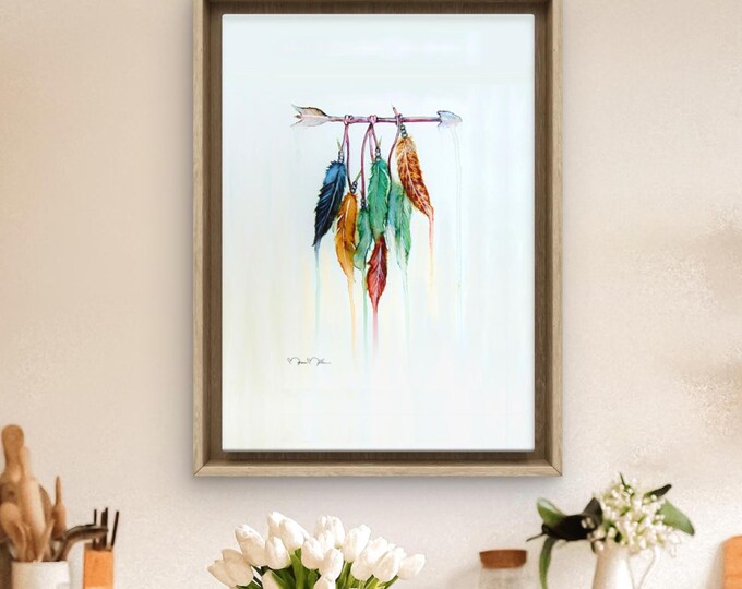 Native American Feathers Original Fine Art Prints on Canvas or Archival Paper, Framed or Unframed, Indigenous Art, Modern Ranch Rustic Decor