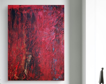 Original Modern Abstract Textured Hand Painted Dark Sultry Dripping Red Enamel Black Gold oil painting by Texas Artist Marnie Miller 30x40