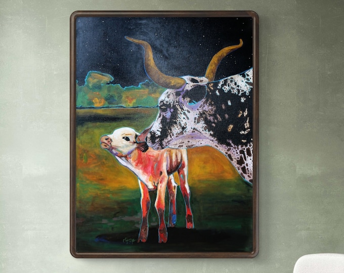 Texas Longhorn Cattle Original Hand Painted Artwork on Canvas -Modern Rustic Ranch Decor - Western Cowboy Southwest Art - Farmhouse Lodge Tx