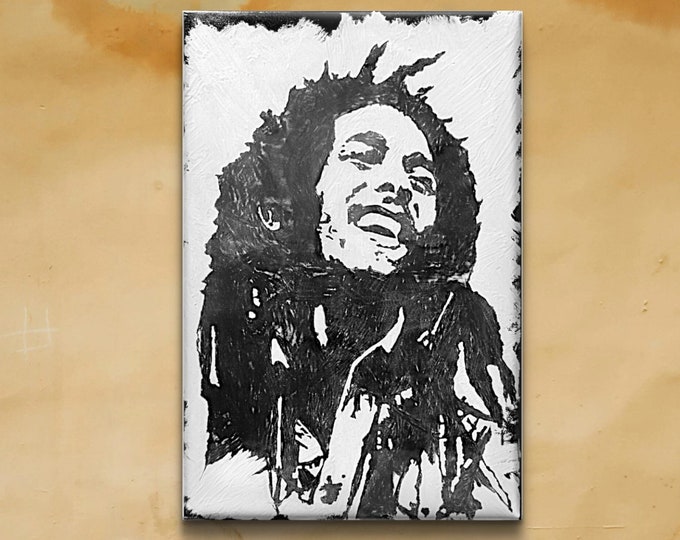 Bob Marley Reggae Portrait Original Hand Painted Minimalist Artwork Heavy Texture Sculpture Relief Black and White 24x36 by Marnie Miller TX