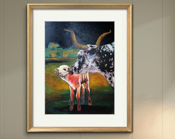 Texas Longhorn Cattle Art Limited Edition Signed & Numbered Giclee Fine Art Print on Gorgeous Premium Cotton rag Paper by Marnie Miller, Tx