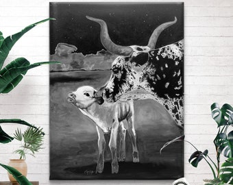 Texas Longhorn Cattle Giclee Fine Art Print on Premium Cotton Canvas Gallery Wrap made from original oil painting by Marnie Miller, b. 1971