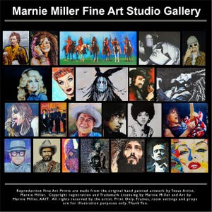 May include: A gallery of fine art prints showcasing portraits of famous figures, including musicians and actors. The artwork features portraits of Dolly Parton, Janis Joplin, and Johnny Cash. The prints are hand-painted by Marnie Miller.