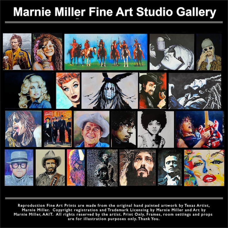 May include: A gallery of fine art prints showcasing portraits of famous figures, including musicians and actors. The artwork features portraits of Dolly Parton, Janis Joplin, and Johnny Cash. The prints are hand-painted by Marnie Miller.