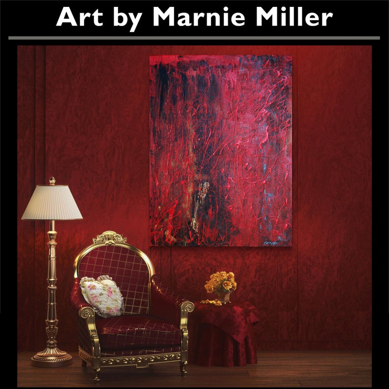 Original Modern Abstract Textured Hand Painted Dark Sultry Dripping Red Enamel Black Gold oil painting by Texas Artist Marnie Miller 30x40 zdjęcie 4