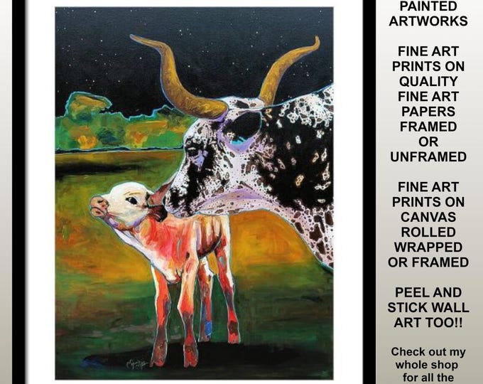 Texas Longhorn Cattle Framed Fine Art Prints, Modern Rustic Ranch Decor - Farmhouse Wall Art - Western Cowboy Yellowstone Artwork - Painting
