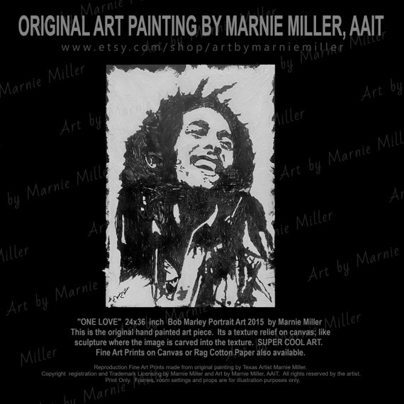 Bob Marley Original Artwork on Canvas 24x36 Black and White Heavy Textured Relief Portrait Sculpture Wall Art by Texas Artist Marnie Miller