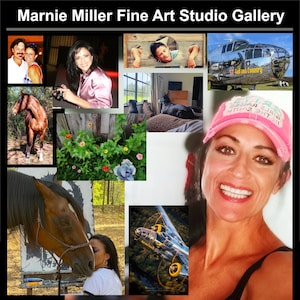 May include: A collection of images including a woman, horses, flowers, and an aeroplane. The text "Marnie Miller Fine Art Studio Gallery" is at the top. The woman is wearing a pink cap that says "Girls Raised in the South".