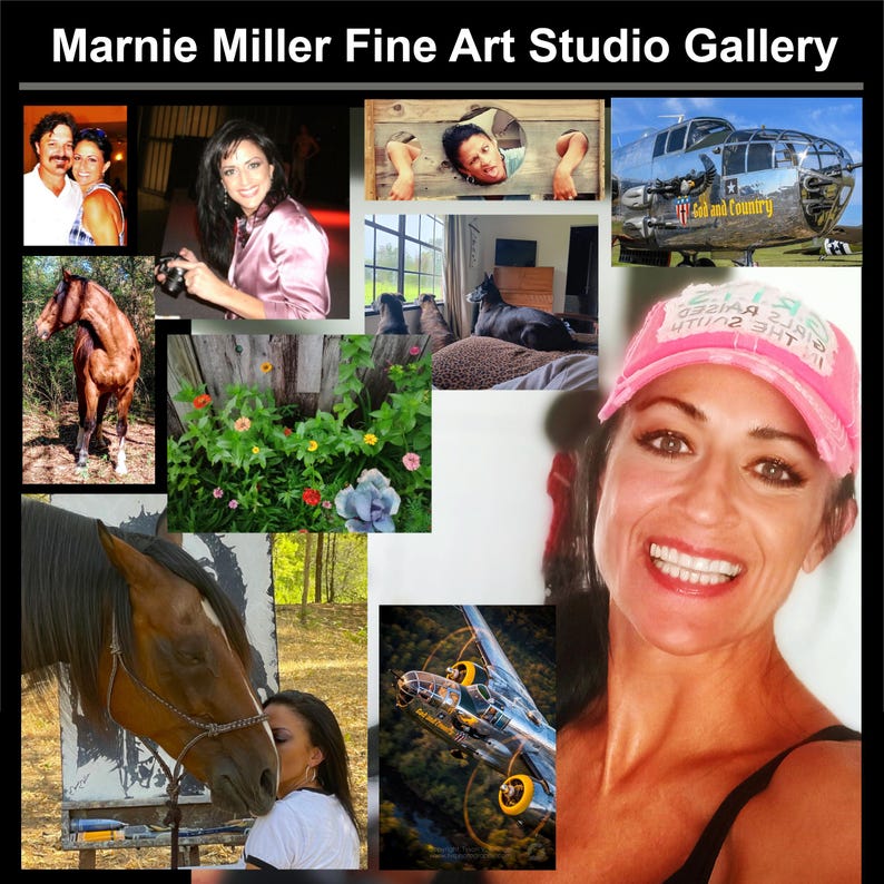 May include: A collection of images including a woman, horses, flowers, and an aeroplane. The text "Marnie Miller Fine Art Studio Gallery" is at the top. The woman is wearing a pink cap that says "Girls Raised in the South".