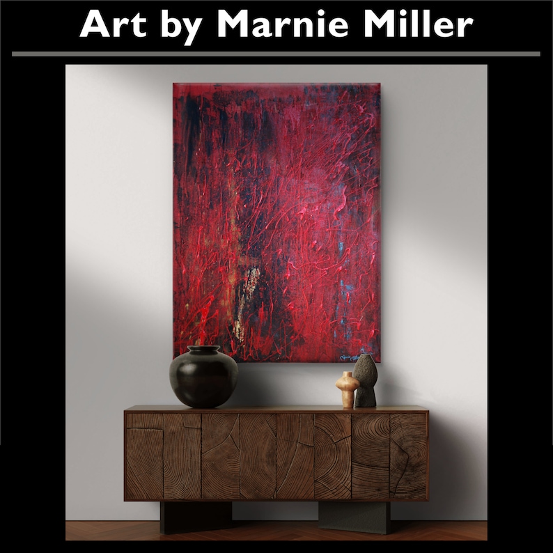 Original Modern Abstract Textured Hand Painted Dark Sultry Dripping Red Enamel Black Gold oil painting by Texas Artist Marnie Miller 30x40 zdjęcie 6
