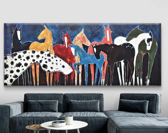 Horses Herd Abstract Painting Colorful, Original Fine Art Prints on Canvas or Archival Paper, Framed or Unframed, Appaloosa, Rustic Decor