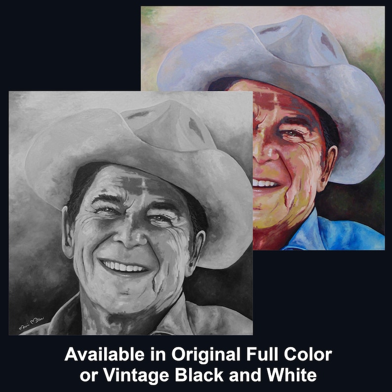 President Ronald Reagan
Titled “Power To The People”
Museum-Quality Fine Art Prints on Canvas & Archival Paper 
from an Original Hand-Painted Artwork by Marnie Miller (Texas, b. 1971)

This warm, charismatic portrait captures President Ronald Reagan in a way few images ever have—not as a distant politician, but as the genuine, approachable man the world came to love. Dressed in his iconic ranch attire, wearing a cowboy hat and faded Wrangler denim shirt, Reagan appears relaxed, confident smile.