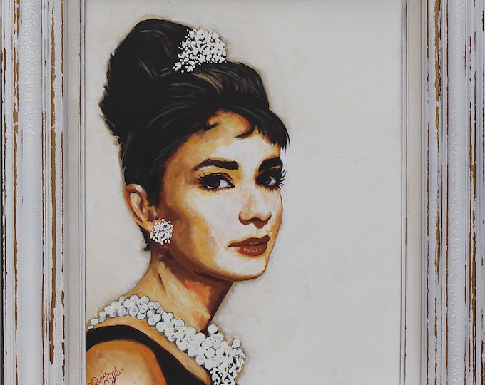 Audrey Hepburn Breakfast at Tifany's Framed Original Vintage Oil Painting on Canvas  - Hollywood Fashion Home Theatre Decor by Marnie Miller
