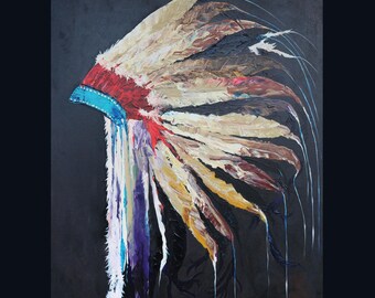 Native American Indian Headdress, Original Hand Painted Artwork, Canvas Art, One of A Kind, Modern Ranch Rustic Decor, by Marnie Miller