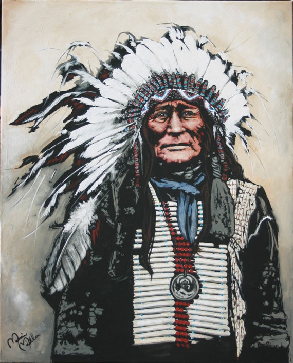 Indian Chief Art Print by Texas Artist Marnie Miller Titled "Man of Few Words2" Native American Painting Giclee Warrior Apache Comanche Boho