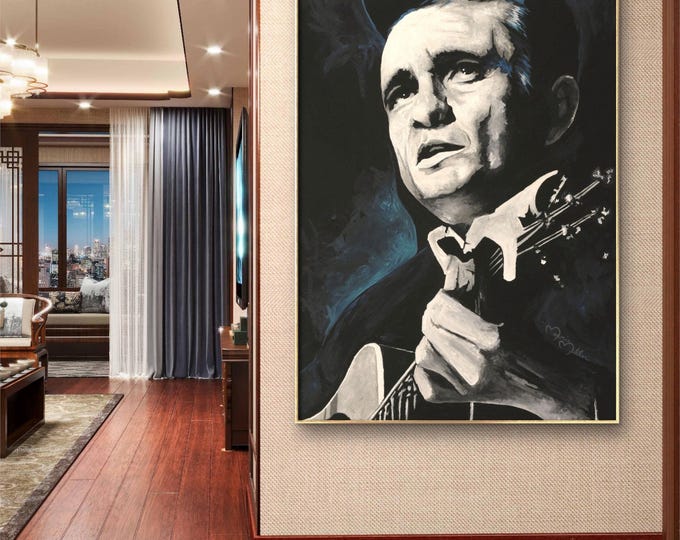 Johnny Cash Portrait Original Fine Art Prints, Canvas or Archival Paper, Framed or Unframed, Country Music Legend, Vintage Music Decor, Art