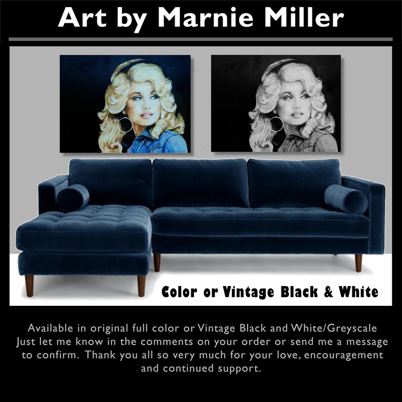 Dolly Parton Country Music Legend Wall Art Print on Quality Canvas or Premium Rag Cotton Paper - Large Scale Big Sizes - Custom Available by Texas artist Marnie Miller - Available in Classic full color or vintage retro black and white/greyscale