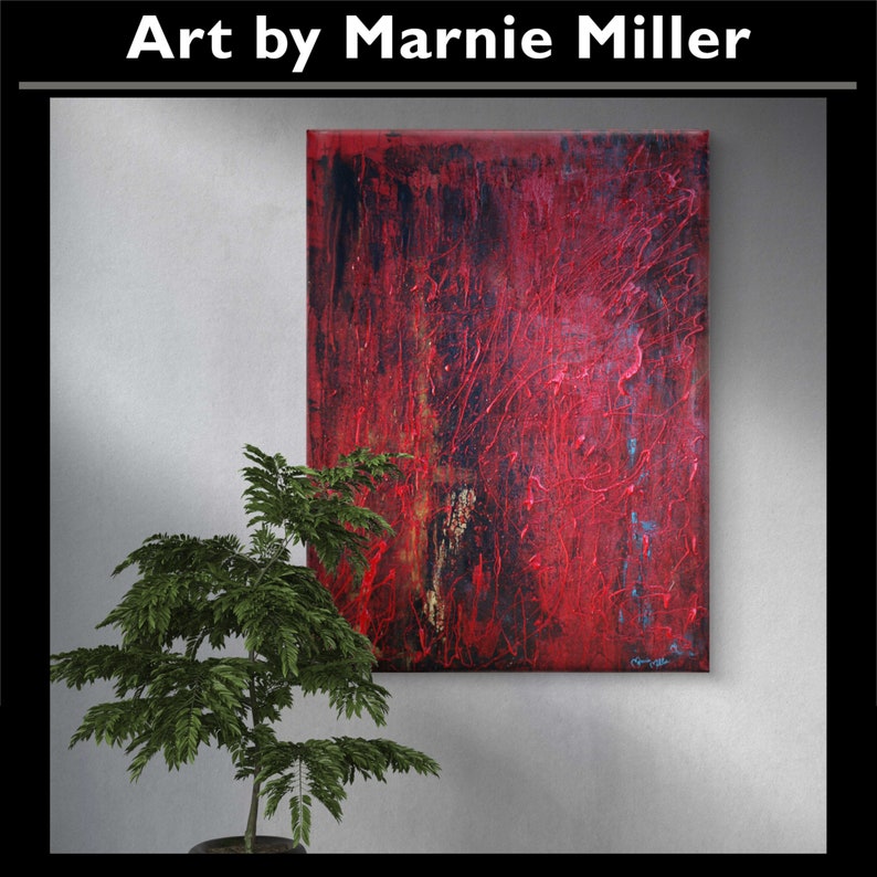 Original Modern Abstract Textured Hand Painted Dark Sultry Dripping Red Enamel Black Gold oil painting by Texas Artist Marnie Miller 30x40 zdjęcie 8