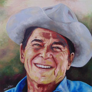 President Ronald Reagan
Titled “Power To The People”
Museum-Quality Fine Art Prints on Canvas & Archival Paper 
from an Original Hand-Painted Artwork by Marnie Miller (Texas, b. 1971)

This warm, charismatic portrait captures President Ronald Reagan in a way few images ever have—not as a distant politician, but as the genuine, approachable man the world came to love. Dressed in his iconic ranch attire, wearing a cowboy hat and faded Wrangler denim shirt, Reagan appears relaxed, confident smile.