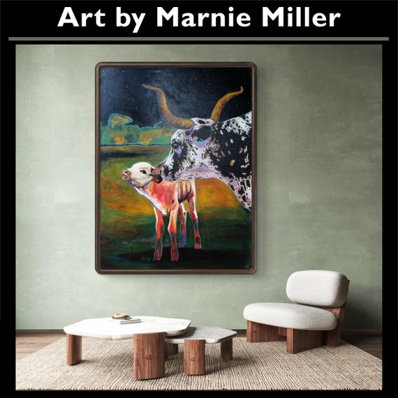 Texas Longhorn Cattle Mother and Calf Artwork Landscape Original Hand Painted Mixed Medium on Premium Stretched Canvas by Marnie Miller, Tx