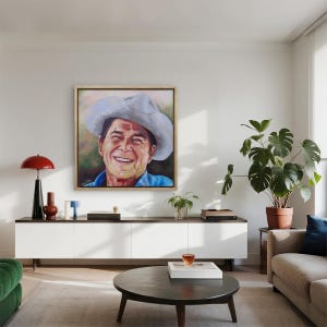 President Ronald Reagan
Titled “Power To The People”
Museum-Quality Fine Art Prints on Canvas & Archival Paper 
from an Original Hand-Painted Artwork by Marnie Miller (Texas, b. 1971)

This warm, charismatic portrait captures President Ronald Reagan in a way few images ever have—not as a distant politician, but as the genuine, approachable man the world came to love. Dressed in his iconic ranch attire, wearing a cowboy hat and faded Wrangler denim shirt, Reagan appears relaxed, confident smile.