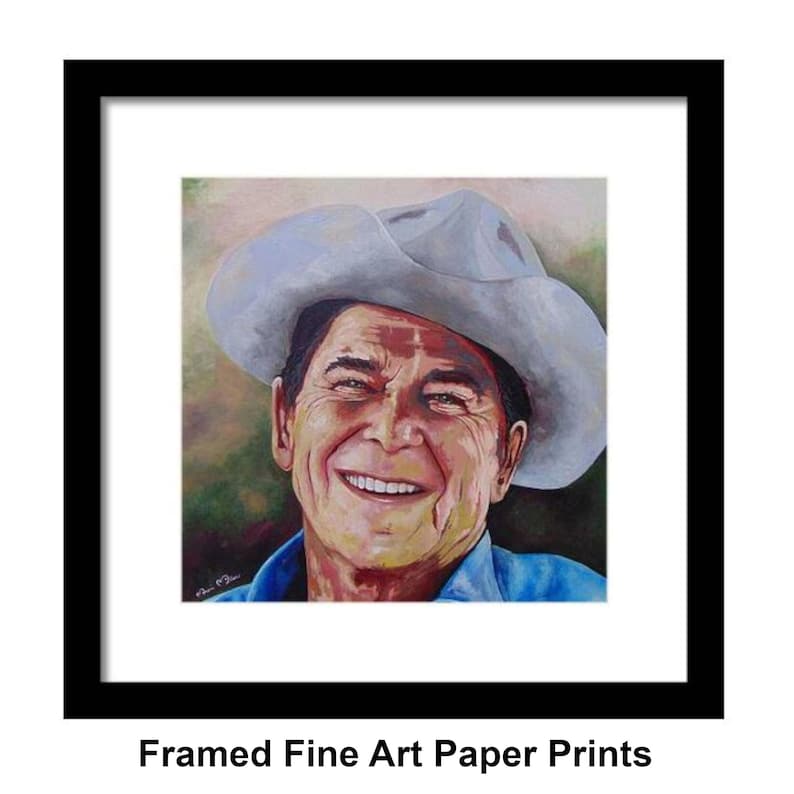 President Ronald Reagan
Titled “Power To The People”
Museum-Quality Fine Art Prints on Canvas & Archival Paper 
from an Original Hand-Painted Artwork by Marnie Miller (Texas, b. 1971)

This warm, charismatic portrait captures President Ronald Reagan in a way few images ever have—not as a distant politician, but as the genuine, approachable man the world came to love. Dressed in his iconic ranch attire, wearing a cowboy hat and faded Wrangler denim shirt, Reagan appears relaxed, confident smile.