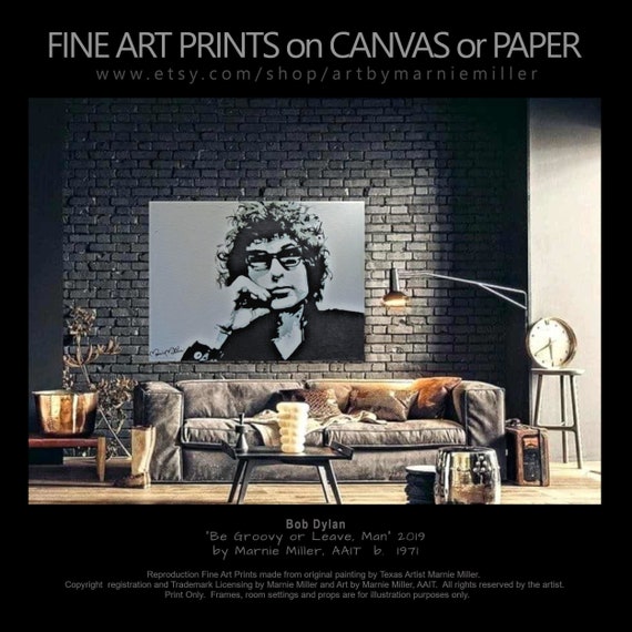 Bob Dylan Black and White Giclee Fine Art Print on Canvas or Rag Cotton Paper made from original painting by Texas Artist Marnie Miller