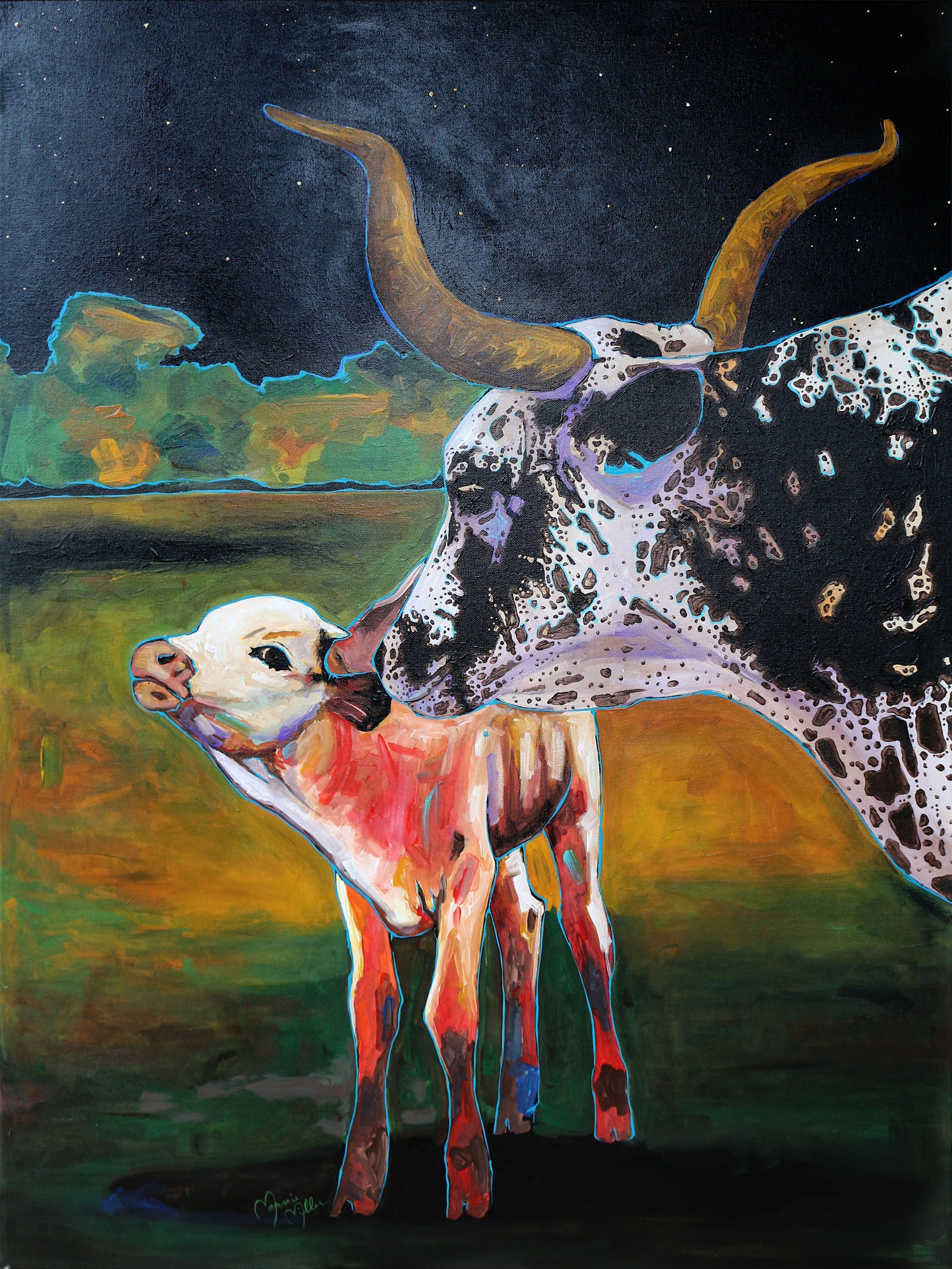Texas Longhorn Cattle Mother and Calf Artwork Landscape Texas Longhorn Cattle Mother and Calf Artwork Landscape