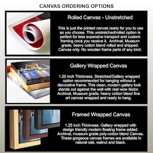 May include: Image detailing canvas ordering options: rolled, gallery wrapped, and framed. Rolled canvases are unstretched. Gallery wrapped canvases are 3.81 cm thick. Framed canvases are 3.18 cm thick and available in natural oak, walnut, and black.