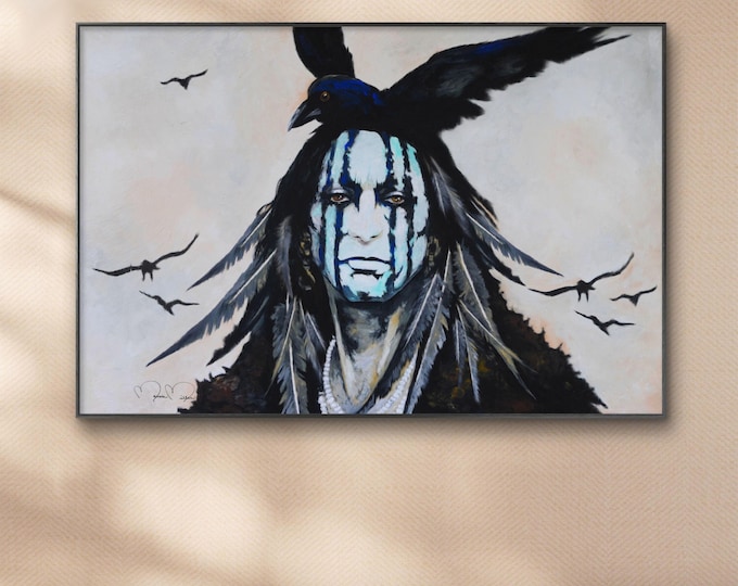Native American Crow Warrior Painting, Original Fine Art Prints, Canvas or Archival Paper, Tonto, Indigenous artwork, Rustic Ranch Decor