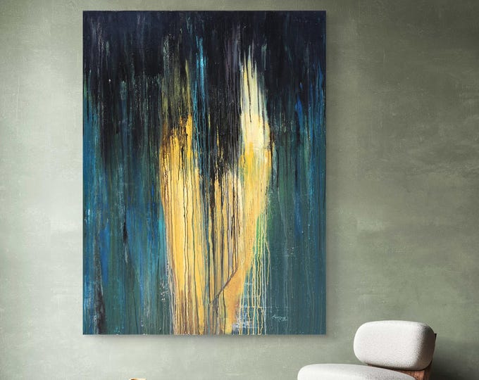 Original handpainted 36x48 dark green, teal, black beautiful abstract artwork ready to hang stretched canvas modern artwork by Marnie Miller