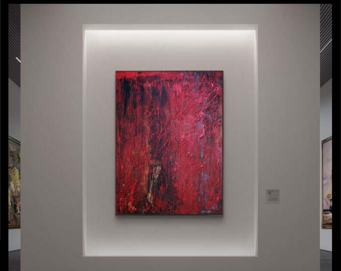 Original Modern Abstract Textured Hand Painted Dark Sultry Dripping Red Enamel Black Gold oil painting by Texas Artist Marnie Miller 30x40