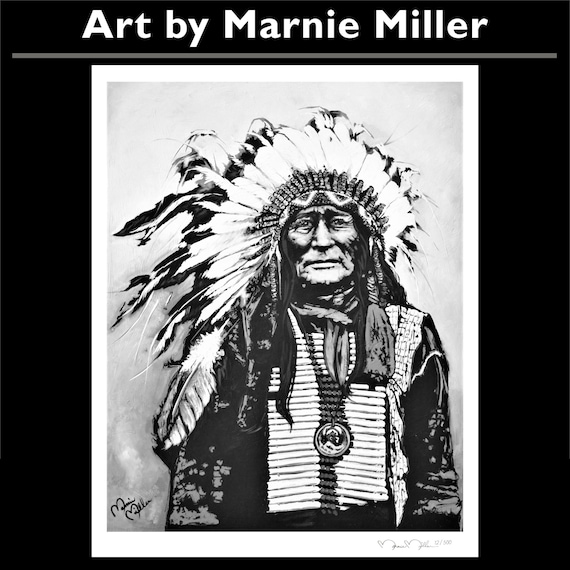 Indian Warrior Chief Native American Indigenous fine Art Print on quality cotton rag paper made from original painting by Marnie Miller, Tx