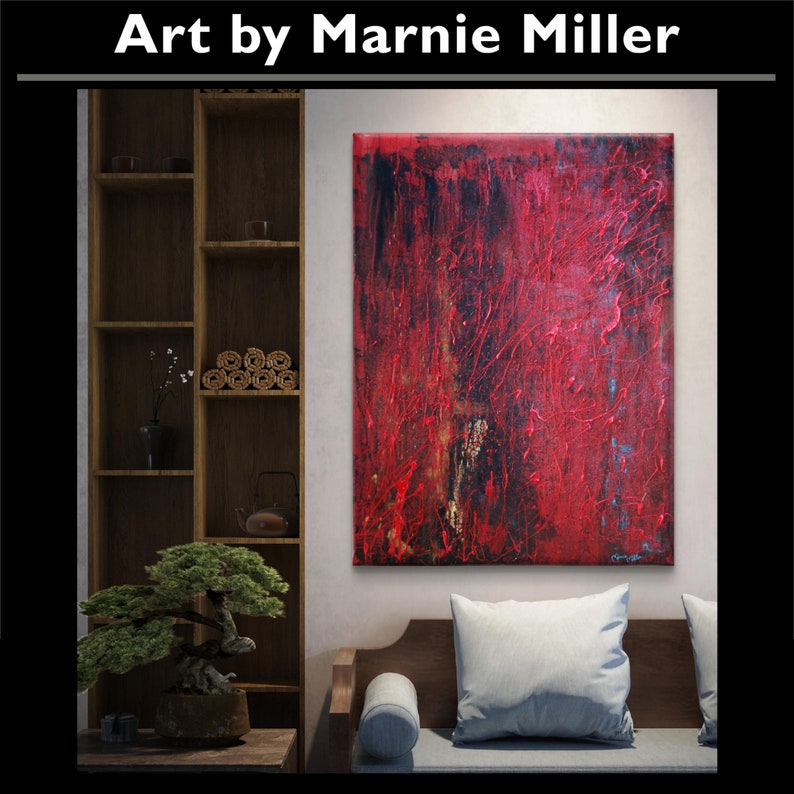 Original Modern Abstract Textured Hand Painted Dark Sultry Dripping Red Enamel Black Gold oil painting by Texas Artist Marnie Miller 30x40 zdjęcie 7