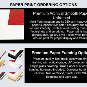 May include: Image detailing paper print ordering options. It describes archival smooth paper, unframed, and premium paper framing choices. Framing colours include natural wood, black, gold, white, espresso, and light oak.