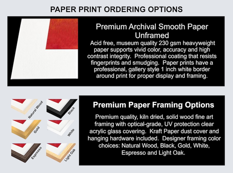May include: Image detailing paper print ordering options. It describes archival smooth paper, unframed, and premium paper framing choices. Framing colours include natural wood, black, gold, white, espresso, and light oak.