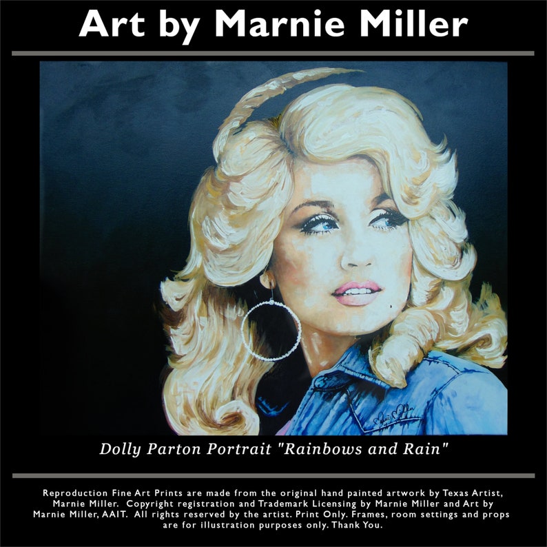 Dolly Parton Orginal Hand Painted Portrait - Giclee Fine Art Prints on Premium Museum Quality  Cotton Canvas Gallery Wrapped made from Original oil Painting by Texas Artist Marnie Miller, b. 1971