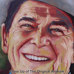 President Ronald Reagan
Titled “Power To The People”
Museum-Quality Fine Art Prints on Canvas & Archival Paper 
from an Original Hand-Painted Artwork by Marnie Miller (Texas, b. 1971)

This warm, charismatic portrait captures President Ronald Reagan in a way few images ever have—not as a distant politician, but as the genuine, approachable man the world came to love. Dressed in his iconic ranch attire, wearing a cowboy hat and faded Wrangler denim shirt, Reagan appears relaxed, confident smile.