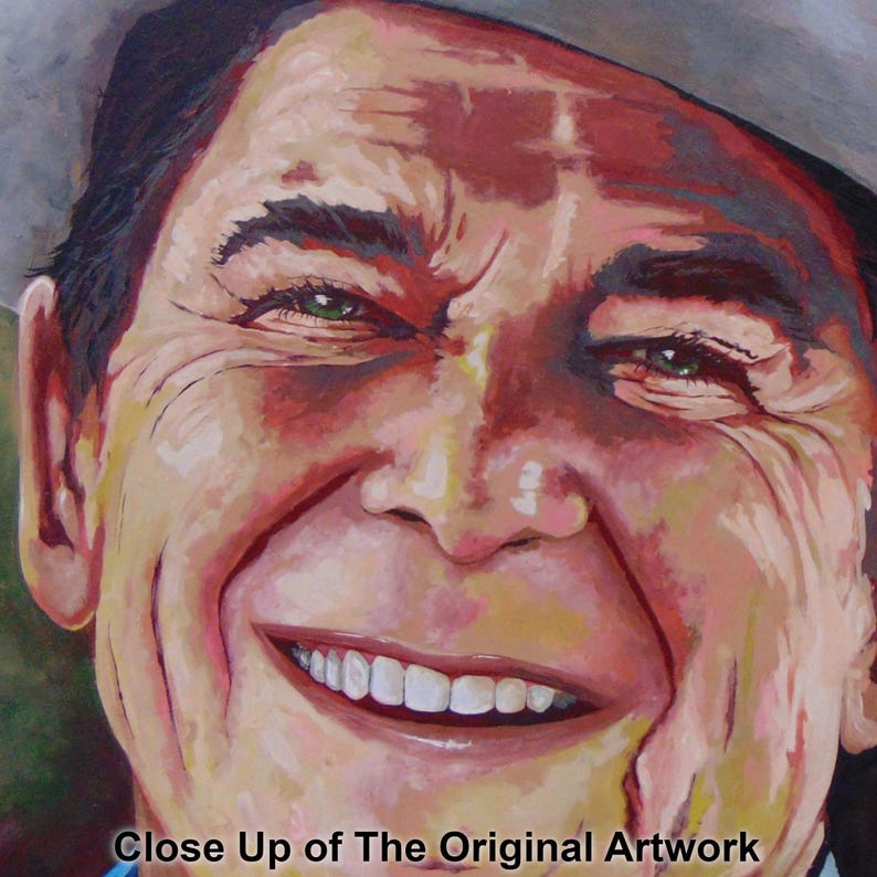 President Ronald Reagan
Titled “Power To The People”
Museum-Quality Fine Art Prints on Canvas & Archival Paper 
from an Original Hand-Painted Artwork by Marnie Miller (Texas, b. 1971)

This warm, charismatic portrait captures President Ronald Reagan in a way few images ever have—not as a distant politician, but as the genuine, approachable man the world came to love. Dressed in his iconic ranch attire, wearing a cowboy hat and faded Wrangler denim shirt, Reagan appears relaxed, confident smile.