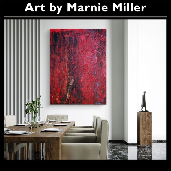 Original Modern Abstract Textured Hand Painted Dark Sultry Dripping Red Enamel Black Gold oil painting by Texas Artist Marnie Miller 30x40