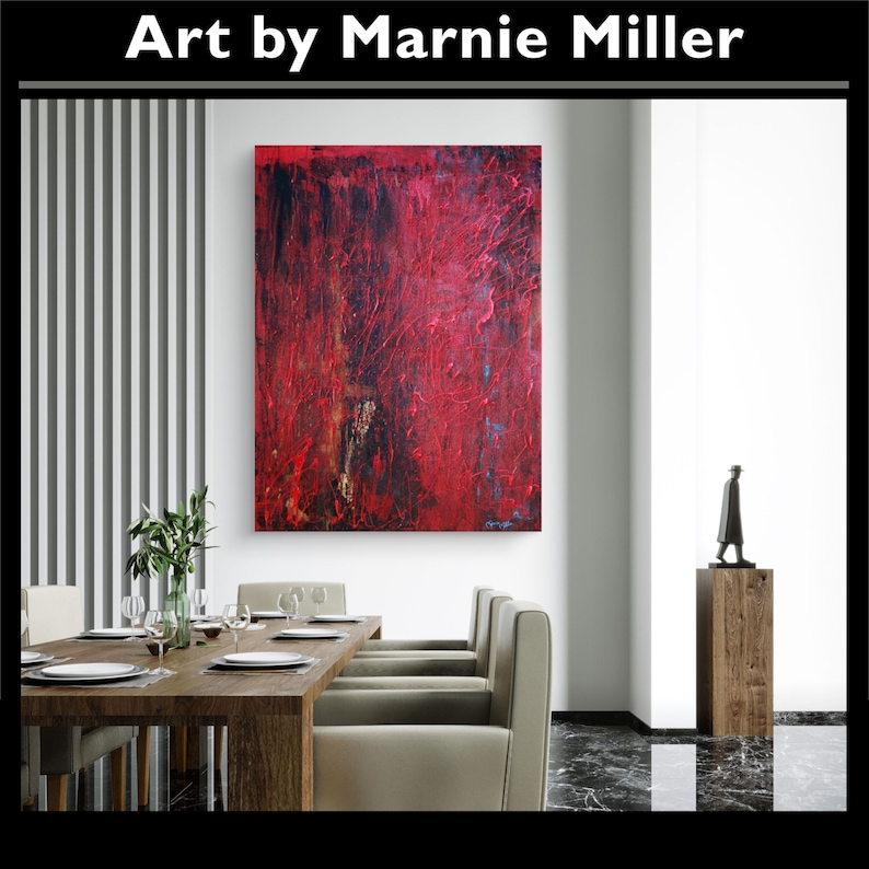 Original Modern Abstract Textured Hand Painted Dark Sultry Dripping Red Enamel Black Gold oil painting by Texas Artist Marnie Miller 30x40 zdjęcie 1