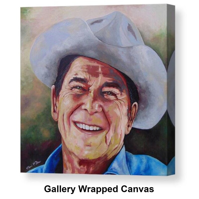 President Ronald Reagan
Titled “Power To The People”
Museum-Quality Fine Art Prints on Canvas & Archival Paper 
from an Original Hand-Painted Artwork by Marnie Miller (Texas, b. 1971)

This warm, charismatic portrait captures President Ronald Reagan in a way few images ever have—not as a distant politician, but as the genuine, approachable man the world came to love. Dressed in his iconic ranch attire, wearing a cowboy hat and faded Wrangler denim shirt, Reagan appears relaxed, confident smile.