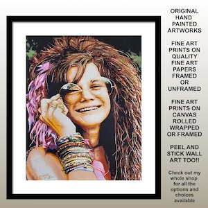 Janis Joplin Prints Original Painting Fine Art Papers Framed Rock n Roll Music and Home Theater Decor Trendy Boho Wall Art By Marnie Miller