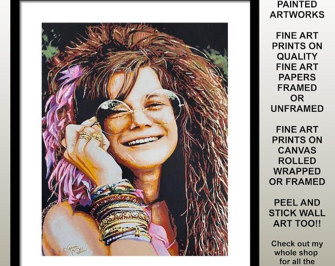 Janis Joplin Prints Original Painting Fine Art Papers Framed Rock n Roll Music and Home Theater Decor Trendy Boho Wall Art By Marnie Miller