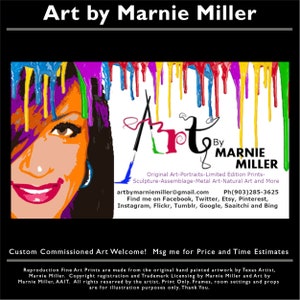 Art by Marnie Miller Business Card and Contact Information - Marnie Miller is a Texas Artist - Portrait Artist- and also does landscapes, wildlife, abstract, multi medium and assembleage, sculpture, jewelry and biological organic art.