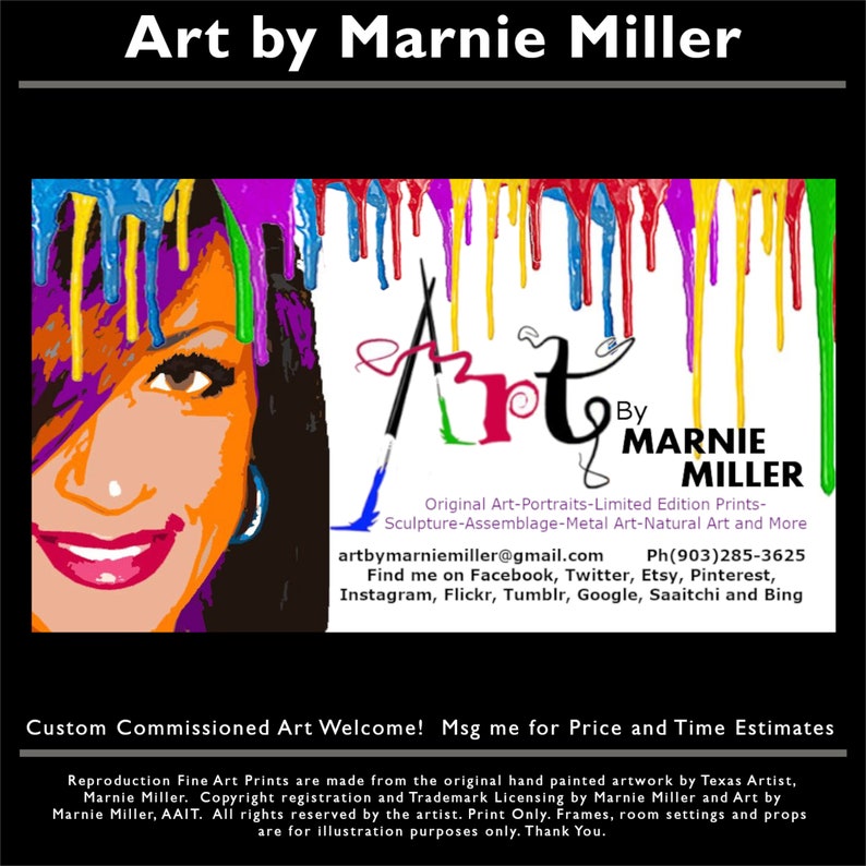 Art by Marnie Miller Business Card and Contact Information - Marnie Miller is a Texas Artist - Portrait Artist- and also does landscapes, wildlife, abstract, multi medium and assembleage, sculpture, jewelry and biological organic art.