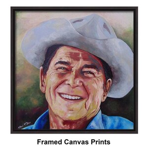 President Ronald Reagan
Titled “Power To The People”
Museum-Quality Fine Art Prints on Canvas & Archival Paper 
from an Original Hand-Painted Artwork by Marnie Miller (Texas, b. 1971)

This warm, charismatic portrait captures President Ronald Reagan in a way few images ever have—not as a distant politician, but as the genuine, approachable man the world came to love. Dressed in his iconic ranch attire, wearing a cowboy hat and faded Wrangler denim shirt, Reagan appears relaxed, confident smile.