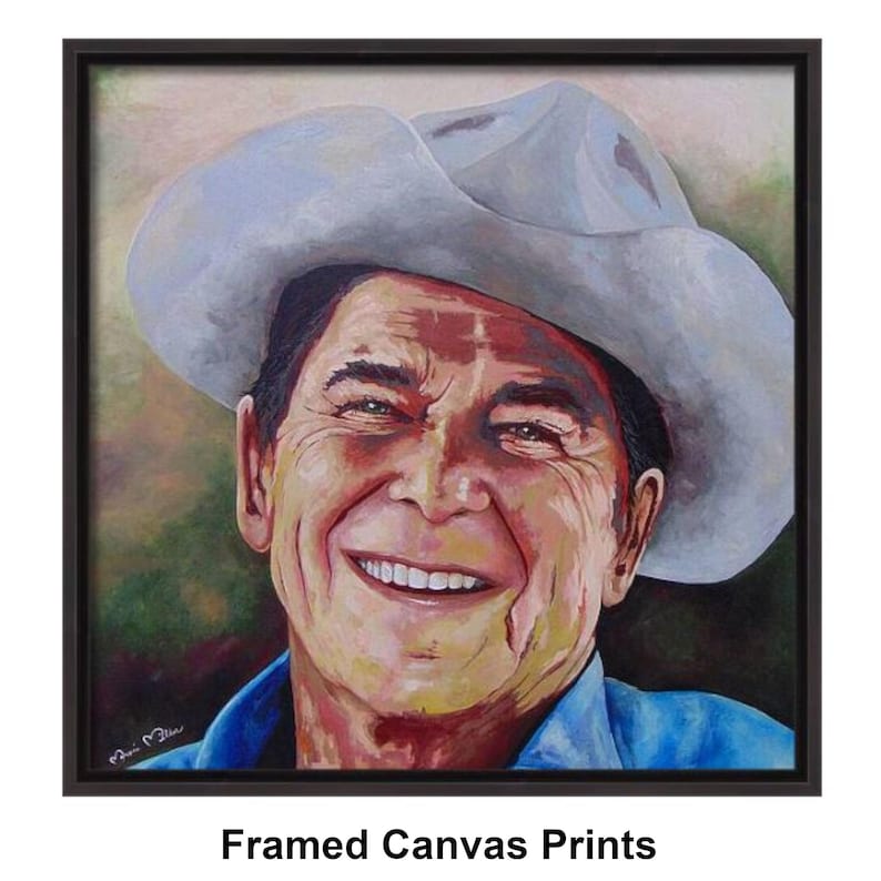President Ronald Reagan
Titled “Power To The People”
Museum-Quality Fine Art Prints on Canvas & Archival Paper 
from an Original Hand-Painted Artwork by Marnie Miller (Texas, b. 1971)

This warm, charismatic portrait captures President Ronald Reagan in a way few images ever have—not as a distant politician, but as the genuine, approachable man the world came to love. Dressed in his iconic ranch attire, wearing a cowboy hat and faded Wrangler denim shirt, Reagan appears relaxed, confident smile.